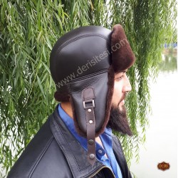 Kahve Rengi Tokalı Pilot Deri Şapka - Ushanka Deri Şapka - Ş053 Kahve Rengi Tokalı Pilot Deri Şapka - Ushanka Deri Şapka - Ş053