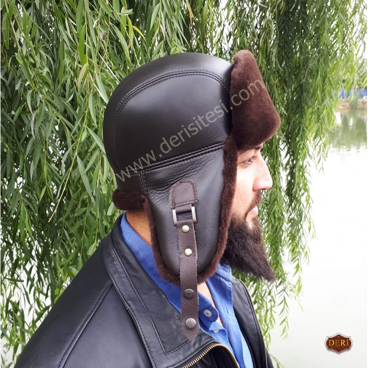 Kahve Rengi Tokalı Pilot Deri Şapka - Ushanka Deri Şapka - Ş053