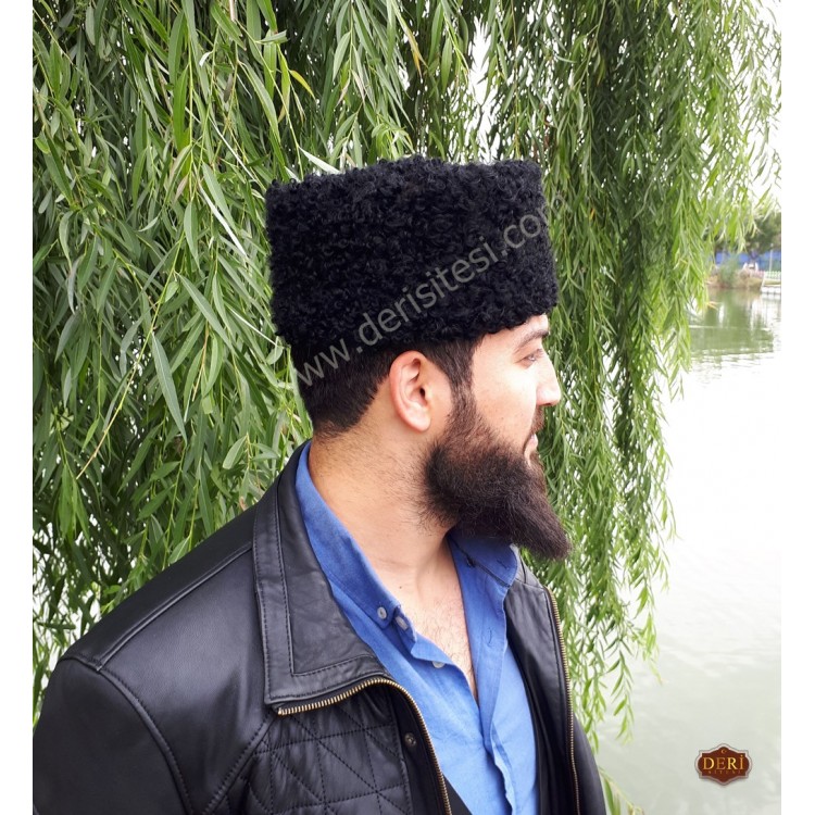 Siyah Kıvırcık Kafkas Kalpağı Deri Şapka - Ş096