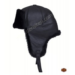 Siyah Hakiki Kuzu Yünlü Soğuk ve Su Geçirmez Kışlık Unisex Pilot Deri Şapka - Ş109 Siyah Hakiki Kuzu Yünlü Soğuk ve Su Geçirmez Kışlık Unisex Pilot Deri Şapka - Ş109