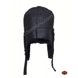 Siyah Hakiki Kuzu Yünlü Soğuk ve Su Geçirmez Kışlık Unisex Pilot Deri Şapka - Ş109 Siyah Hakiki Kuzu Yünlü Soğuk ve Su Geçirmez Kışlık Unisex Pilot Deri Şapka - Ş109