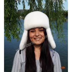 White Rabbit Fur Ushanka Hat | Genuine Leather | Derisitesi
