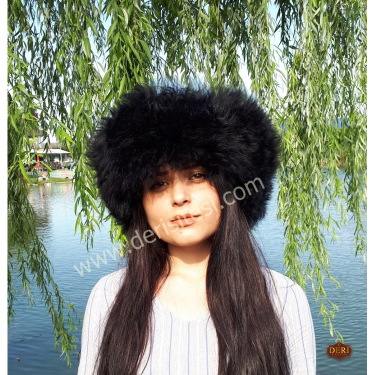 Kuzgun Siyah Kürklü Kadın Deri Börk, Şapka Modelimiz - BŞ183