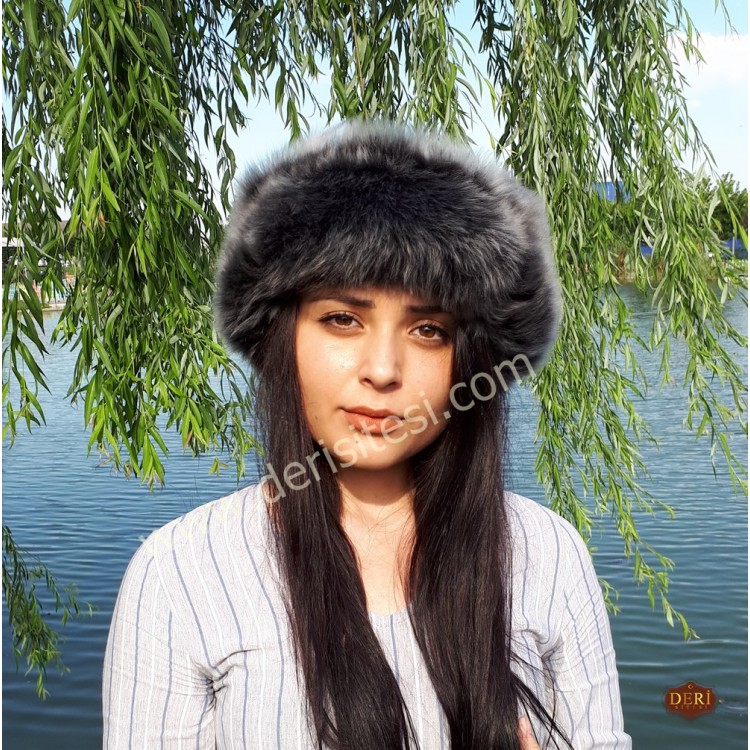 Laçin Boz Kürklü Kadın Deri Börk, Şapka Modelimiz - BŞ184