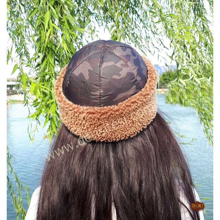 Tanzer Kamuflajlı Kadın Deri Şapka, Börk Modelimiz - BŞ185