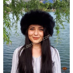 Uçkara Black Lamb Fur Women's Leather Hat (Kalpak)