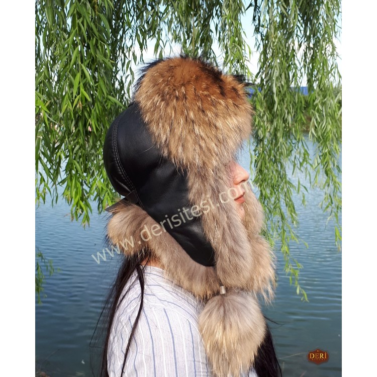 %100 Hakiki Rakun Kürklü Ushanka Kadın Deri Şapka - Stil ve Sıcaklık