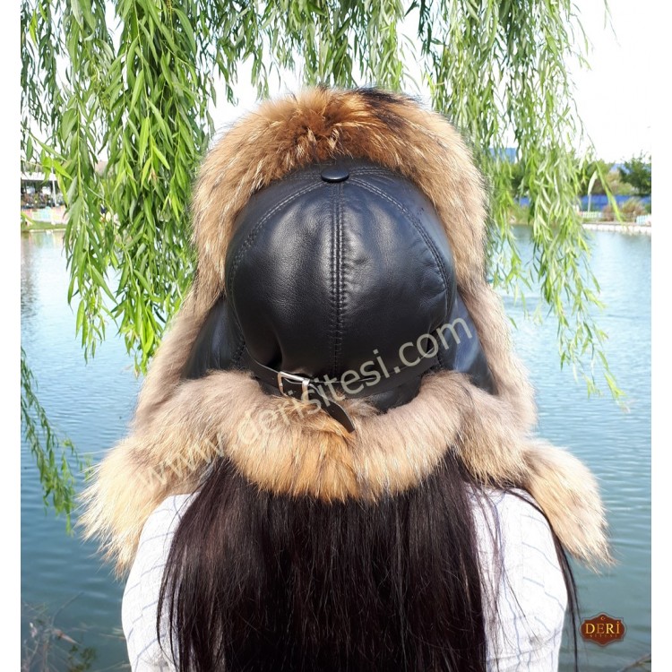 %100 Hakiki Rakun Kürklü Ushanka Kadın Deri Şapka - Stil ve Sıcaklık