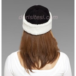 Women's Curly Fur Leather Hat | White - Black | Derisitesi
