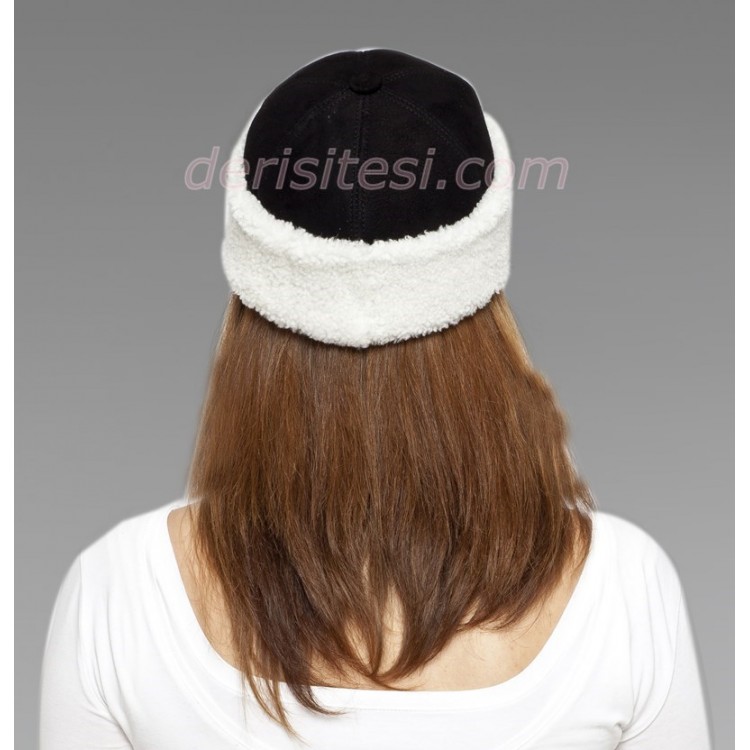 Beyaz Tüylü Kadın Deri Şapka - BŞ173