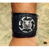 Handcrafted Black Wolf Head Embossed Leather Bracelet 