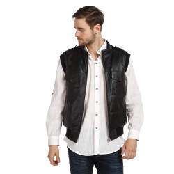 Quilted Padded Men's Leather Vest - Genuine Black Sheepskin