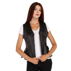 Woman's Black Leather Vest - Genuine Sheepskin Women's Vest