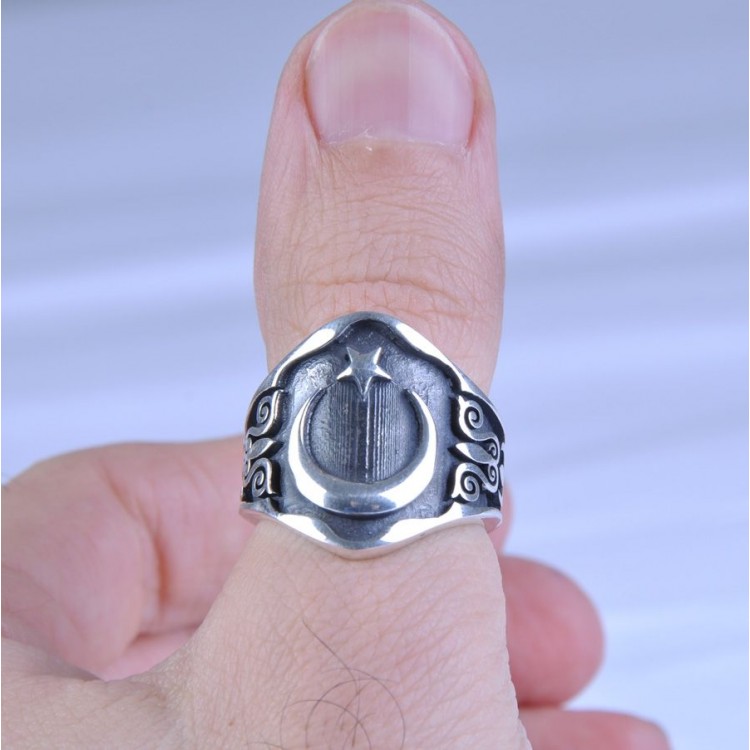 Ay Yıldız 925 Ayar Gümüş Zihgir Yüzük Modelimiz - Baş Parmak Yüzüğü