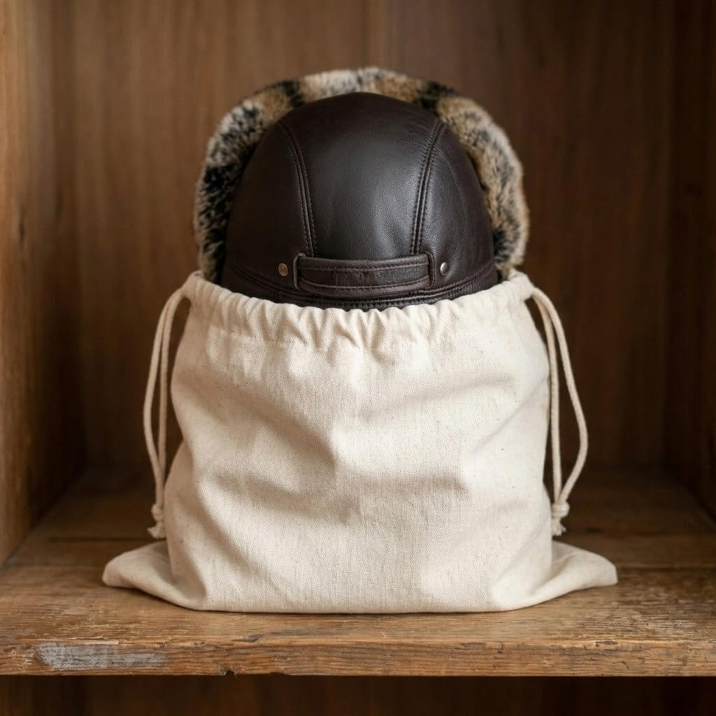 How to store a fur-lined leather hat in a cotton bag on a wooden shelf