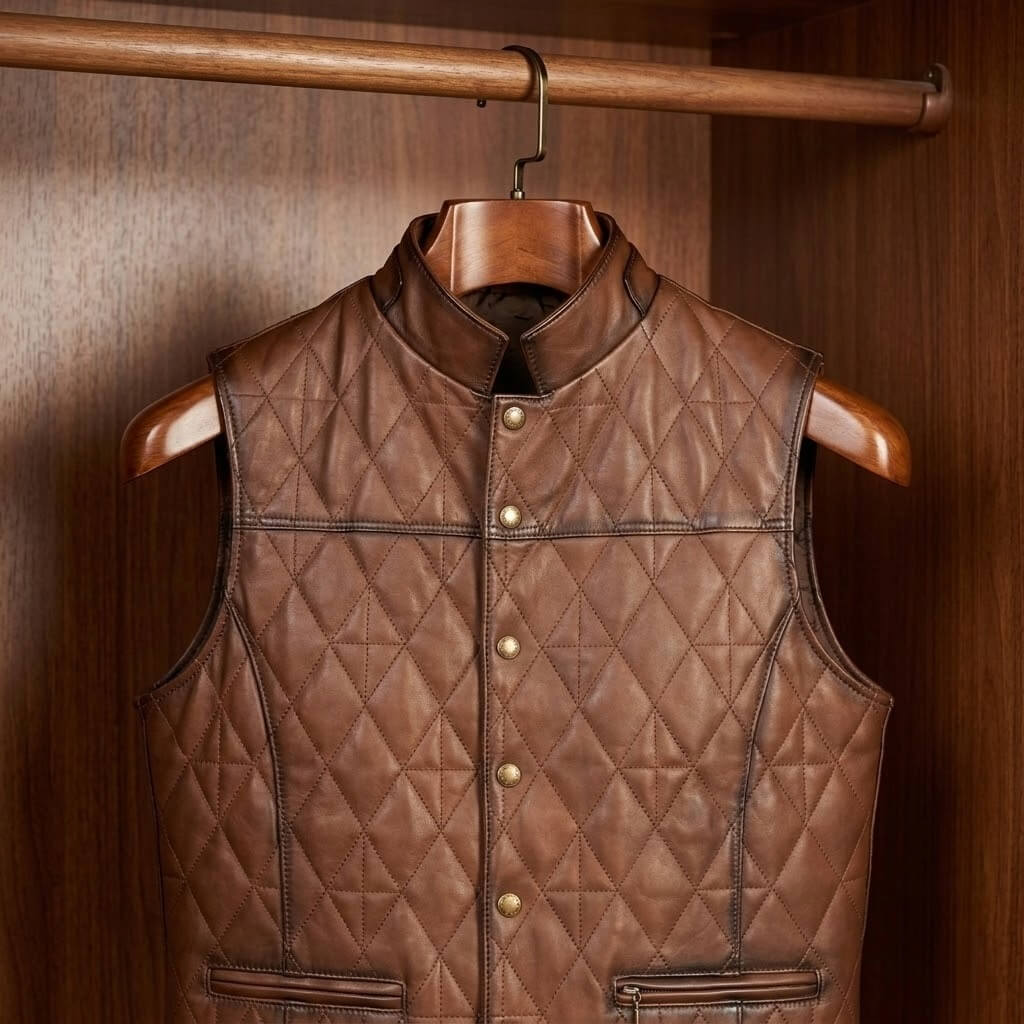 How to store a leather vest on a wide wooden hanger inside a wardrobe