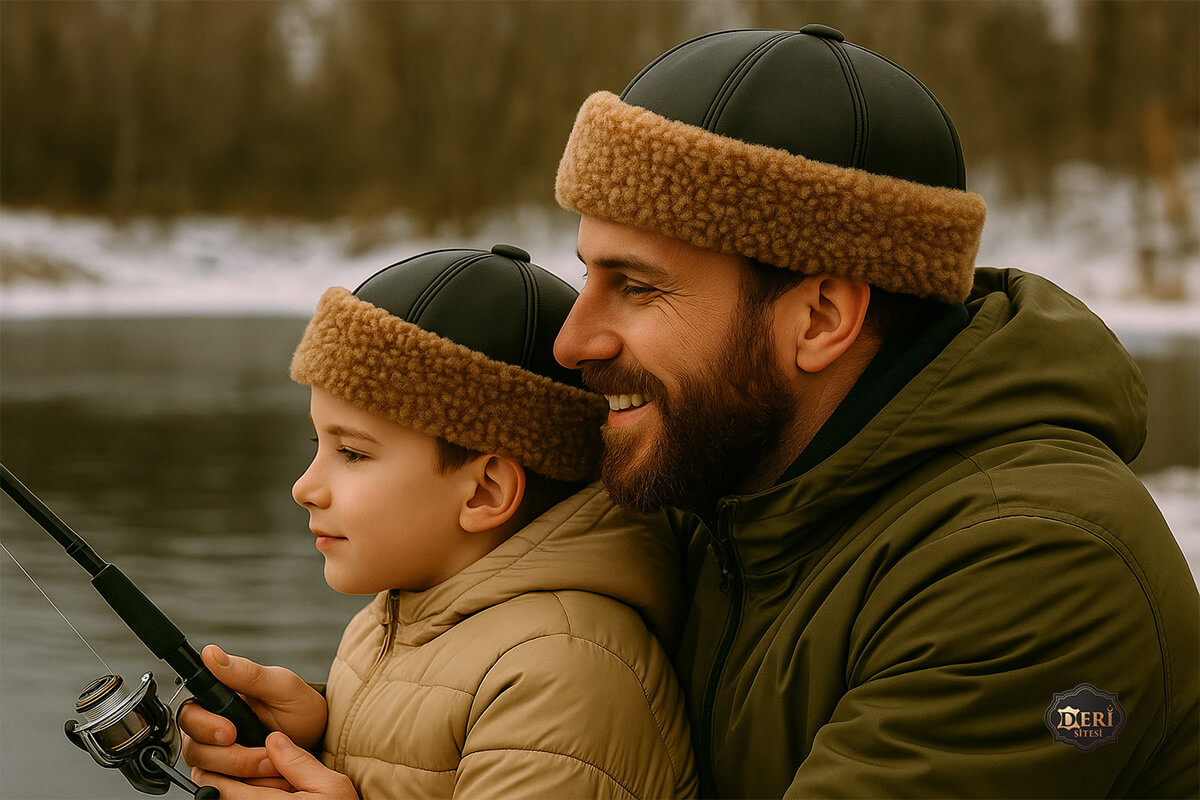 Serdar Modeli Deri Şapka ile Baba Oğul Kombini - Kahverengi Kürk Detaylı Baba ve oğul Serdar modeli deri şapka kombini – Kahverengi kürk detaylı kış stili