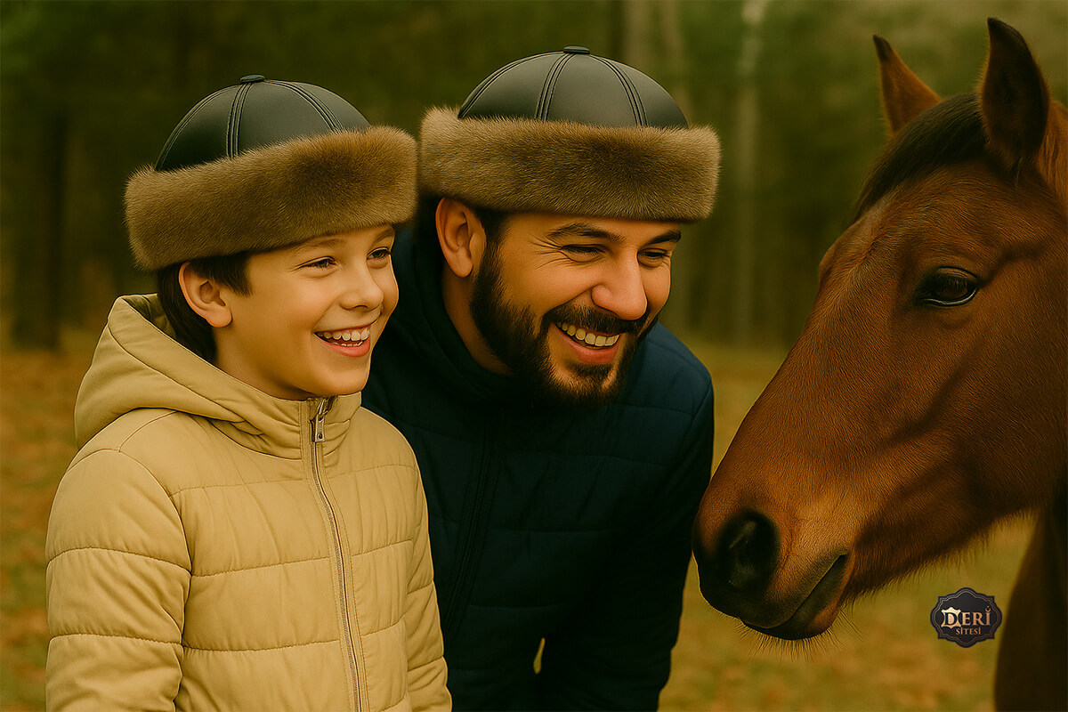 Kurt Tüyü Desenli Deri Börk ile Baba Oğul Kombini - Outdoor ve Geleneksel Tarz Baba ve oğul kurt tüyü desenli deri börk kombini – Outdoor ve geleneksel stilin buluşması