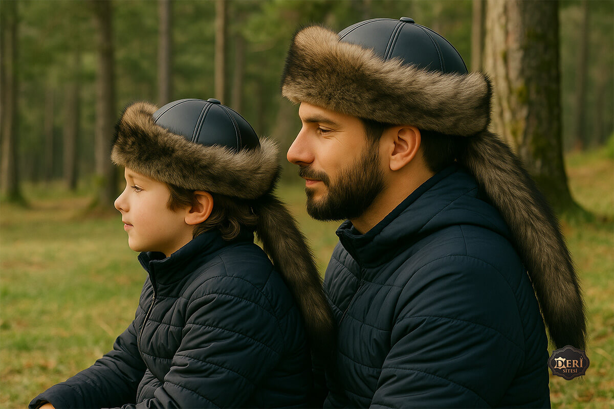 Tarkan Modeli Deri Börk ile Baba Oğul Kombini - Kürklü Geleneksel Stil Baba ve oğul Tarkan modeli deri börk kombini – Kürklü kuyruk detaylı geleneksel stil