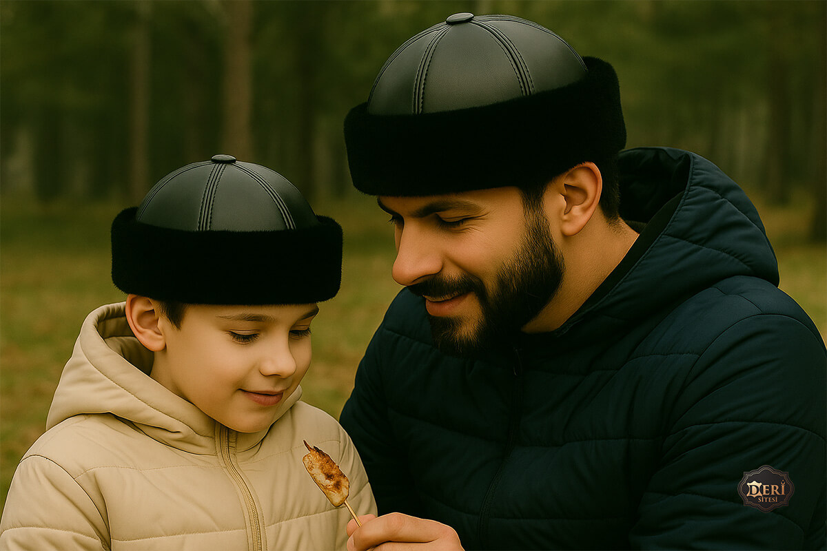 Baba Oğul Siyah Deri Şapka Kombini - Şehirli ve Modern Stil Baba ve oğul siyah deri şapka kombini – Modern ve şehirli stil uyumu