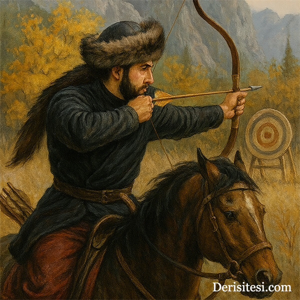 Atlı Okçu - Geleneksel Kıyafetli Deri Börk Şapka Geleneksel Atlı Okçu Kıyafeti ile Deri Börk Şapka Takmış Okçu