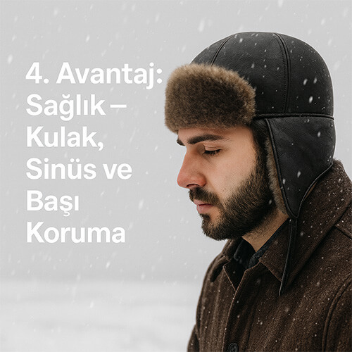 Soğuk havalarda baş koruma için deri şapka - kulak ve sinüsleri sıcak tutan hakiki deri börk