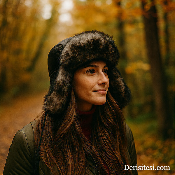 Kadın siyah deri ushanka şapka modeli