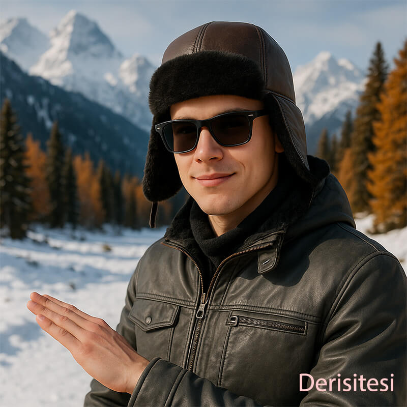 Kışlık kombin için gözlükle uyumlu ushanka deri şapka Gözlükle uyumlu siyah ushanka deri şapka ile kışlık kombin