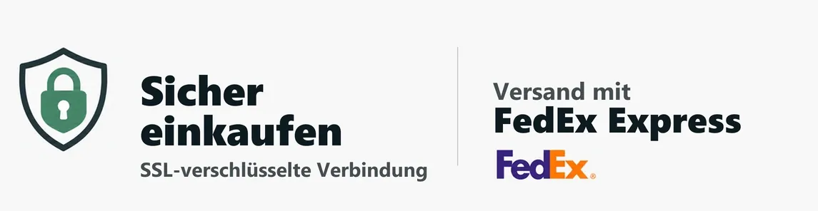 Sicher einkaufen: SSL-verschlüsselte Verbindung, Versand mit FedEx Express
