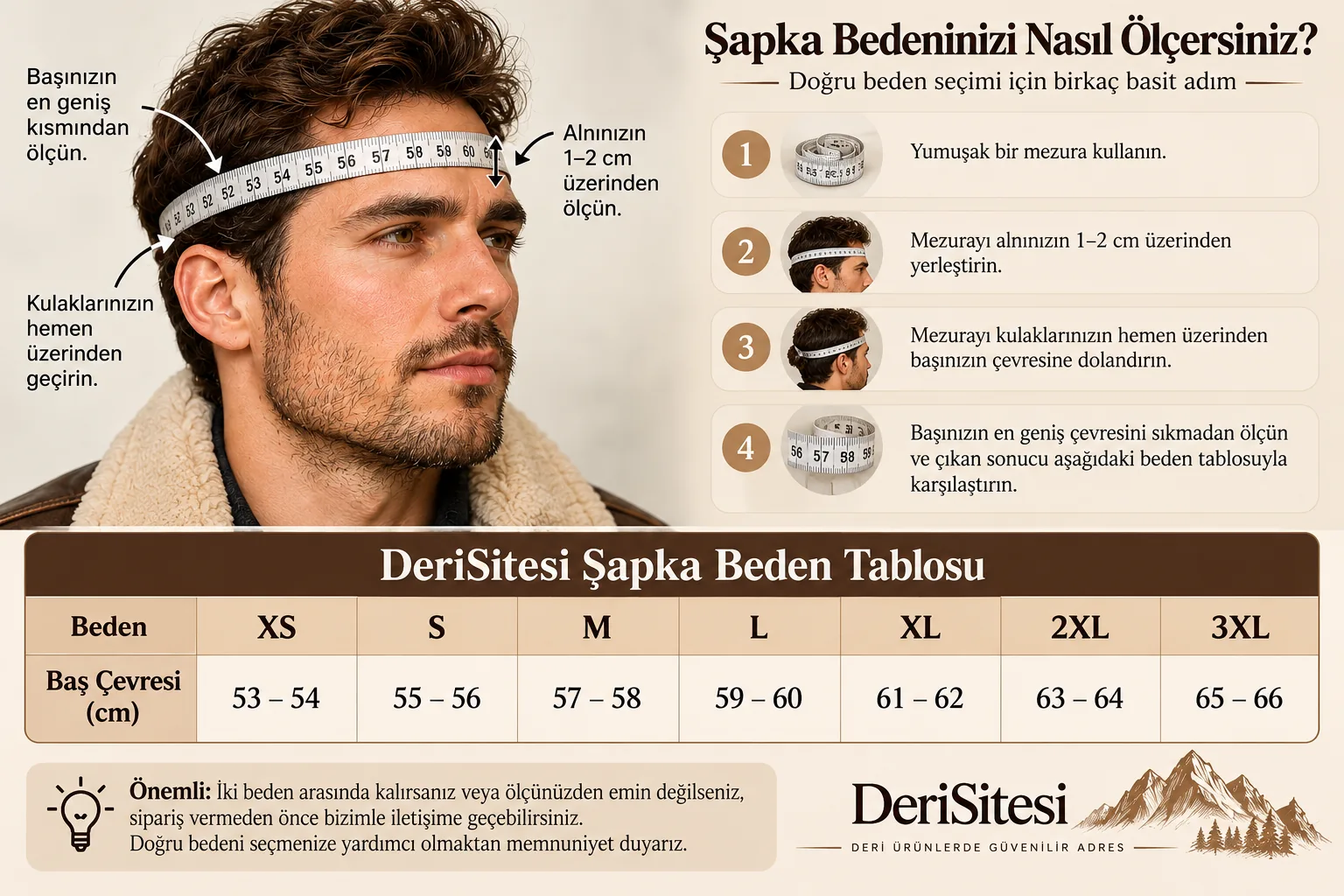 DeriSitesi şapka beden ölçüsü, baş çevresi ölçümü ve XS-3XL beden tablosu