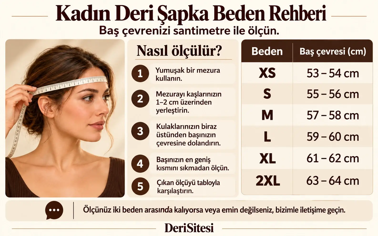 Kadın deri şapka beden tablosu ve baş çevresi ölçüm rehberi