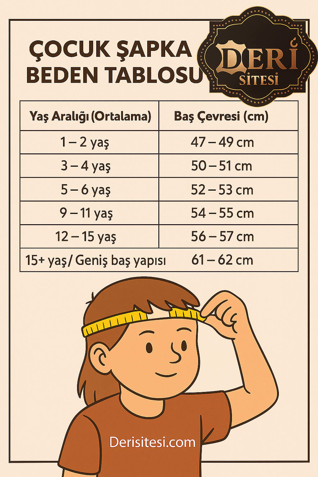 Kız Çocuk Deri Şapka Beden Tablosu – Baş Çevresi ve Yaş Aralığı